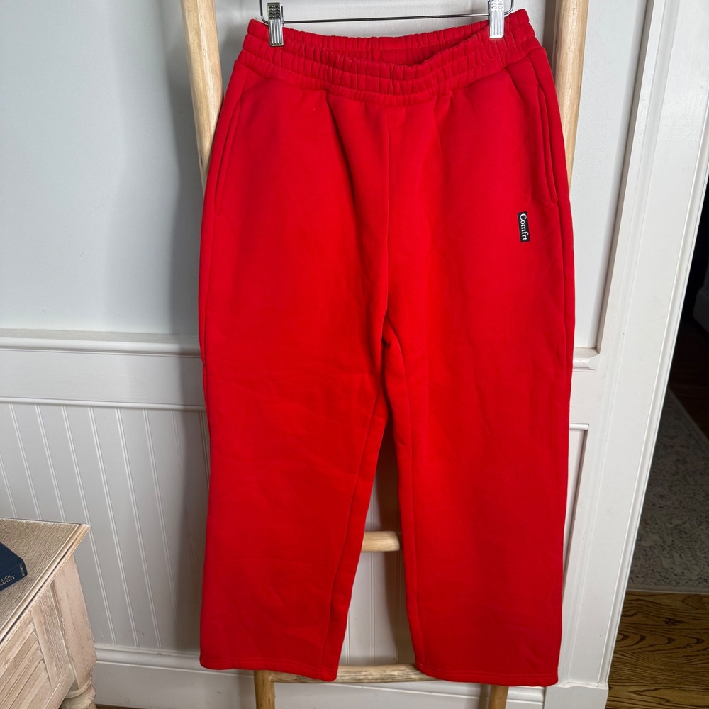 Viral Comfrt Red Wide Leg Fleece Sweatpants Heart Embroidery Elastic Waist Sz M